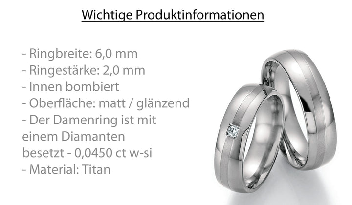 Trauringe Titan mit Diamant ink. Garantie und Gravur 77-20110