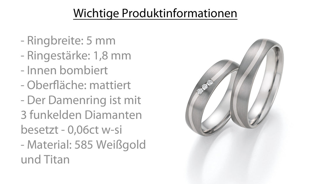 Hochzeitsringe Gold585 und Titan mit Diamant ink. Garantie und Gravur 78-10010