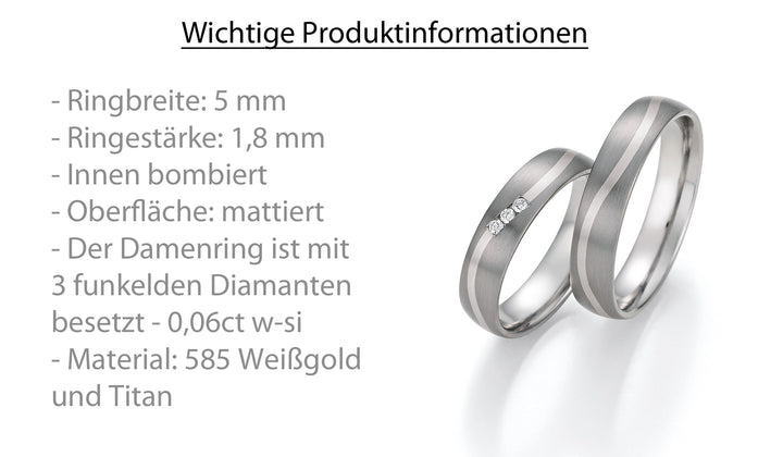 Hochzeitsringe Gold585 und Titan mit Diamant ink. Garantie und Gravur 78-10010