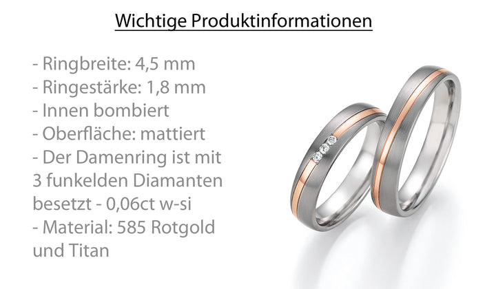 Hochzeitsringe Gold585 und Titan mit Diamant ink. Garantie und Gravur 78-10030