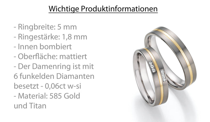 Hochzeitsringe Gold585 und Titan mit Diamant ink. Garantie und Gravur 78-10050