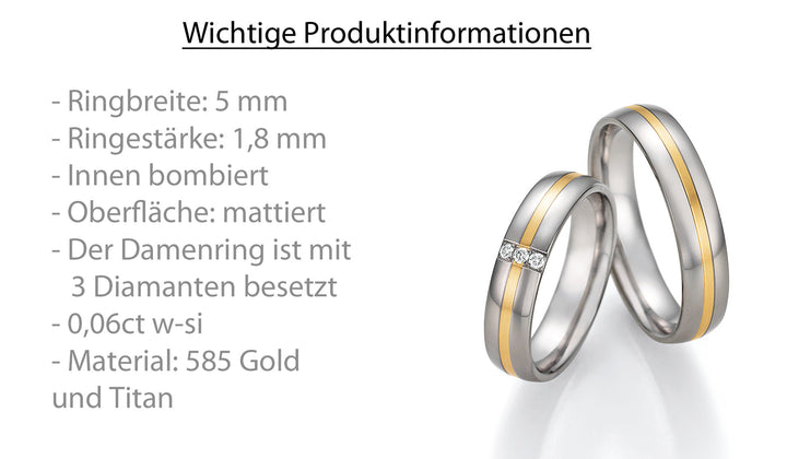 Eheringe Gold585 und Titan mit Diamant ink. Garantie und Gravur 78-10070