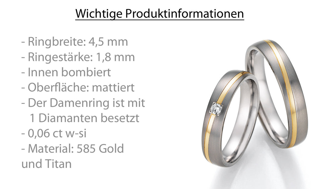 Eheringe Gold585 und Titan mit Diamant ink. Garantie und Gravur 78-10110