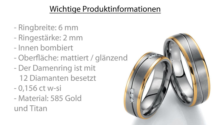Eheringe Gold585 und Titan mit Diamant ink. Garantie und Gravur 78-80010