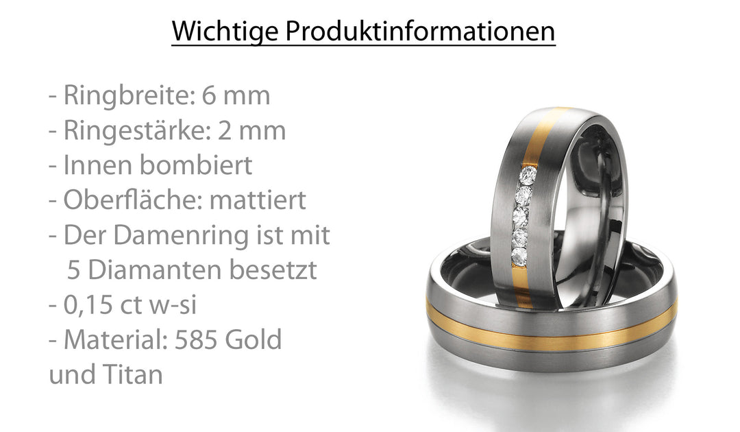 Eheringe Gold585 und Titan mit Diamant ink. Garantie und Gravur 78-80030