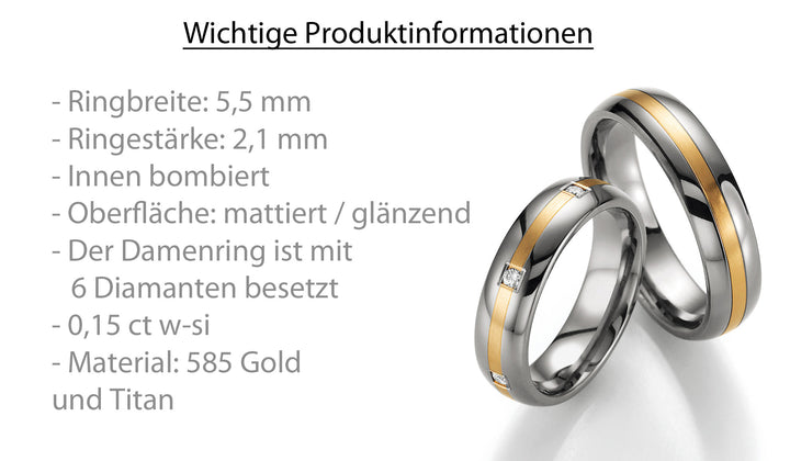 Eheringe Gold585 und Titan mit Diamant ink. Garantie und Gravur 78-80050