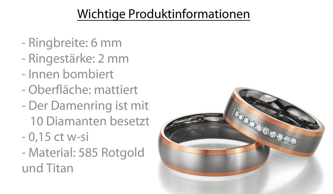 Eheringe Gold585 und Titan mit Diamant ink. Garantie und Gravur 78-80070