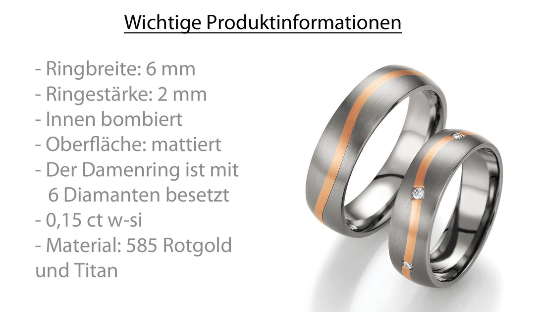 Trauringe Gold585 und Titan mit Diamant ink. Garantie und Gravur 78-80090