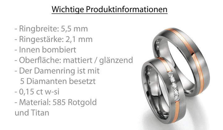 Trauringe Gold585 und Titan mit Diamant ink. Garantie und Gravur 78-80110
