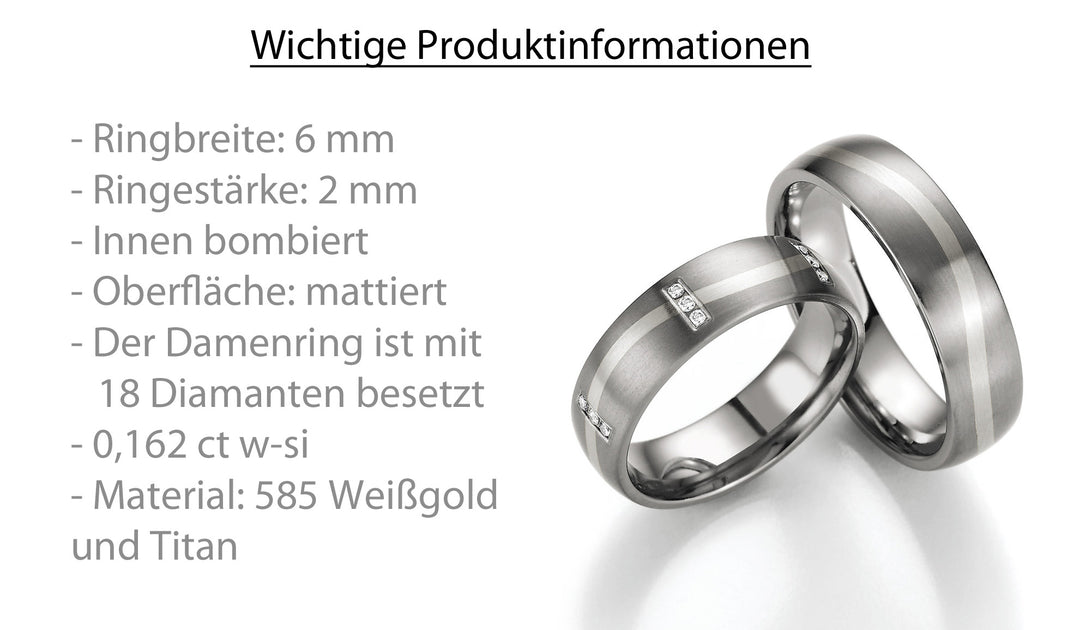 Hochzeitsringe Gold585 und Titan mit Diamant ink. Garantie und Gravur 78-80130