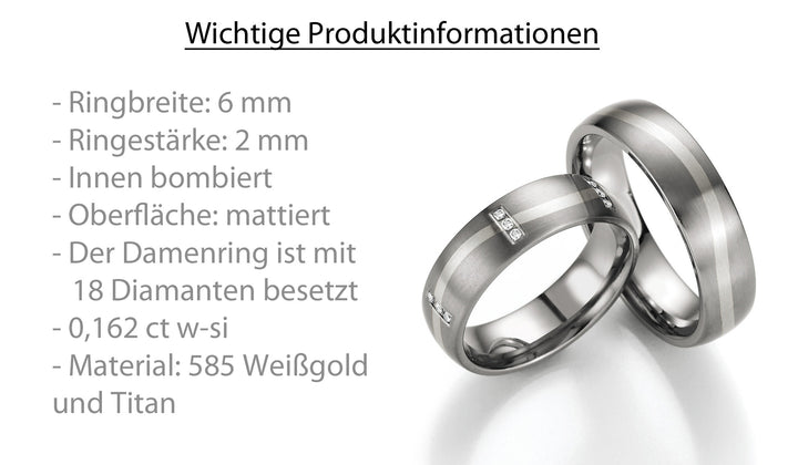 Hochzeitsringe Gold585 und Titan mit Diamant ink. Garantie und Gravur 78-80130