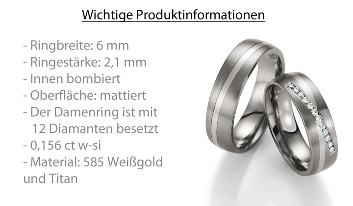 Hochzeitsringe Gold585 und Titan mit Diamant ink. Garantie und Gravur 78-80150