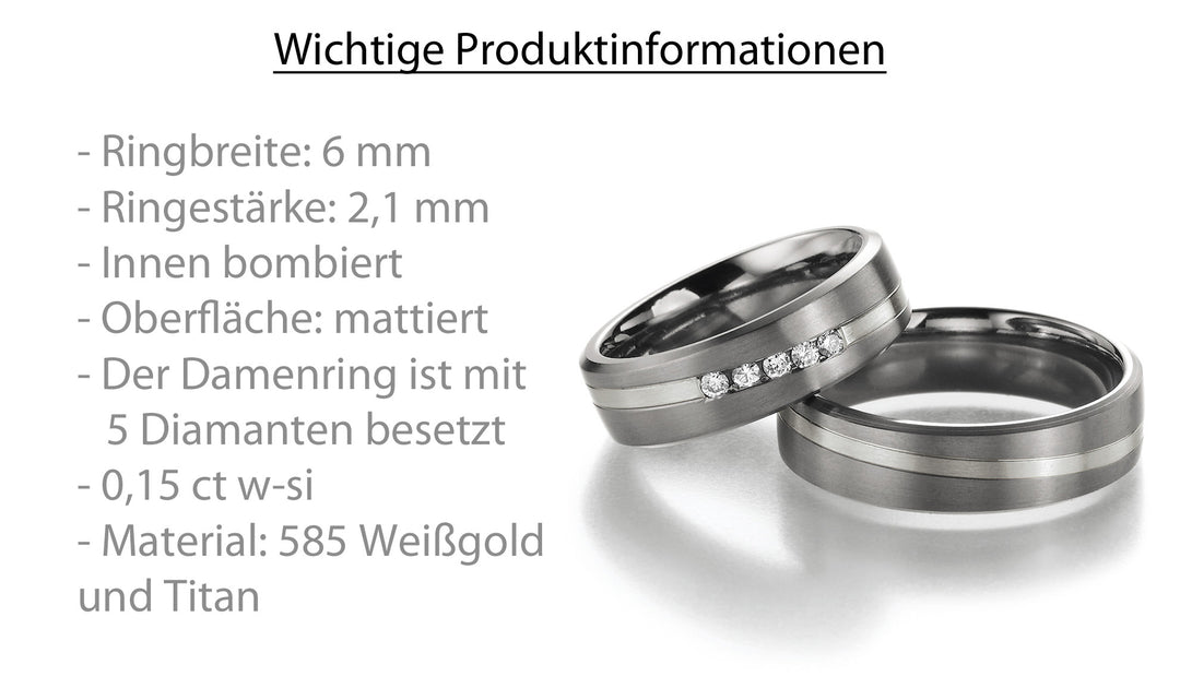 Hochzeitsringe Gold585 und Titan mit Diamant ink. Garantie und Gravur 78-80170