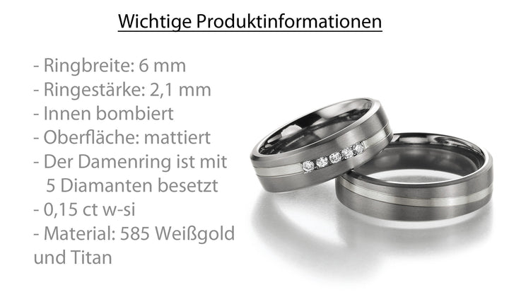 Hochzeitsringe Gold585 und Titan mit Diamant ink. Garantie und Gravur 78-80170
