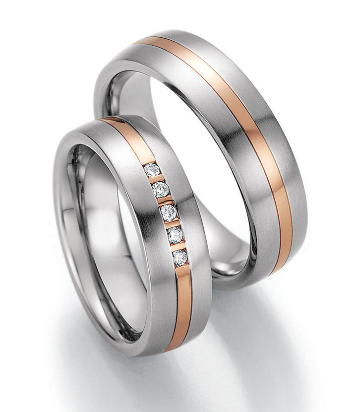 Trauring Bicolor Gold mit Stahl,Paladium, Gold oder Platin + Diamant ink. Garantie und Gravur 88-60050 W/R/W