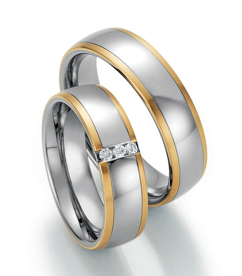 Trauring Bicolor Gold/Gold oder Stahl/Gold mit Diamant ink. Garantie und Gravur 88-60130 G/W/G