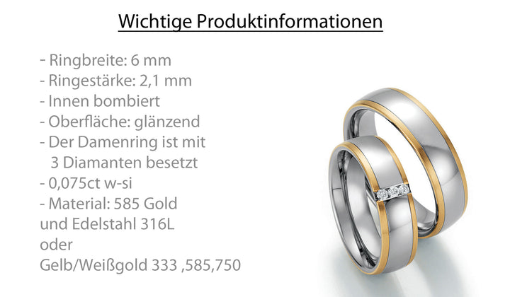 Trauring Bicolor Gold/Gold oder Stahl/Gold mit Diamant ink. Garantie und Gravur 88-60130 G/W/G