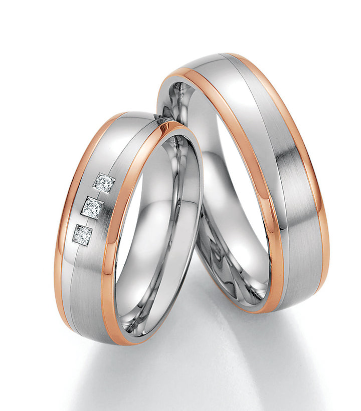 Trauring Bicolor Gold, Stahl, Palladium oder Platin mit Diamant ink. Garantie und Gravur 88-60150 R/W/R