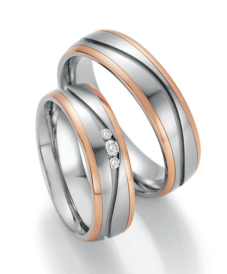 Trauring Bicolor Gold Stahl oder Palladium mit Diamant ink. Garantie und Gravur 88-60170 R/W/R