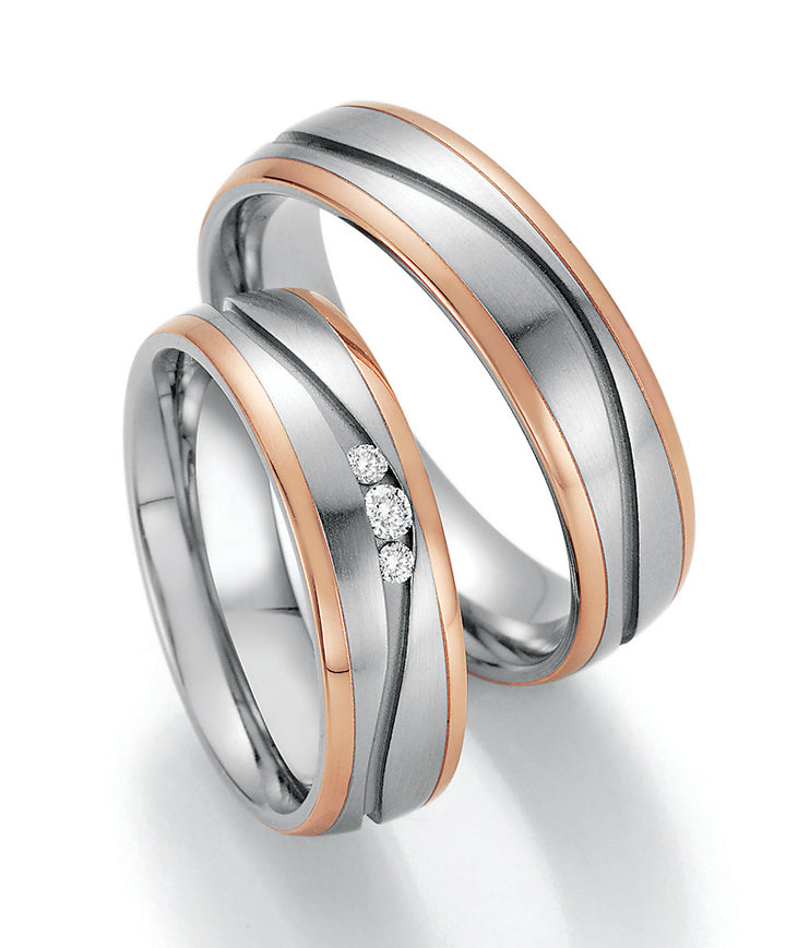 Trauring Bicolor Gold Stahl oder Palladium mit Diamant ink. Garantie und Gravur 88-60170 R/W/R