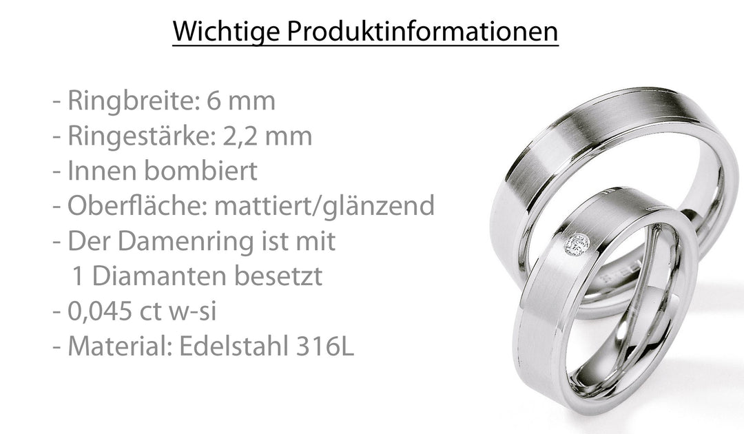 Trauringe Edelstahl mit Diamant ink. Garantie und Gravur 88-01220