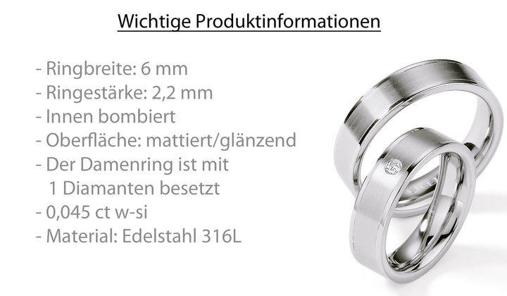 Trauringe Edelstahl mit Diamant ink. Garantie und Gravur 88-01220