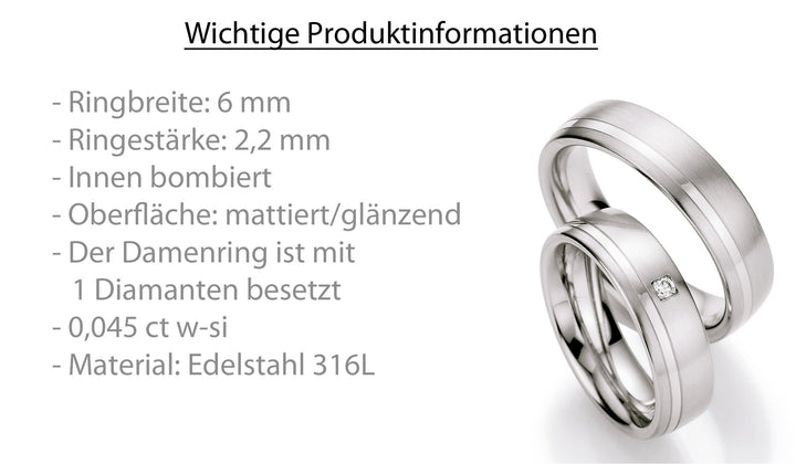 Trauringe Edelstahl mit Diamant ink. Garantie und Gravur 88-01230