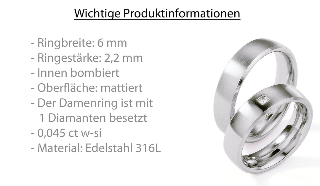 Trauringe Edelstahl mit Diamant ink. Garantie und Gravur 88-01240