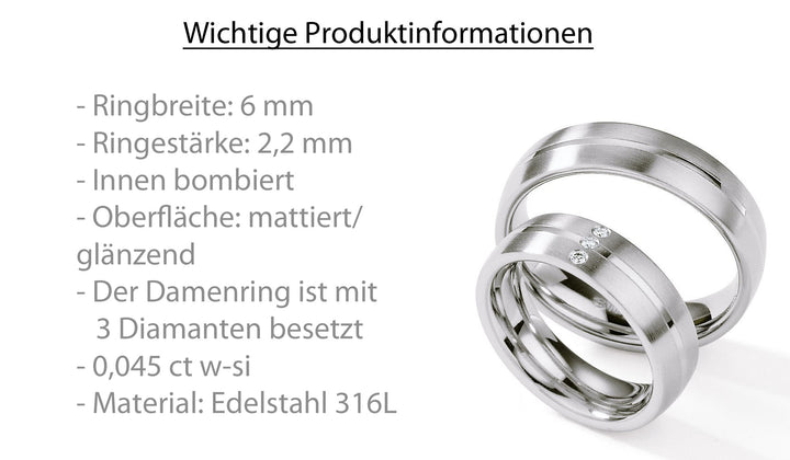 Hochzeitsringe Edelstahl mit Diamant ink. Garantie und Gravur 88-01250