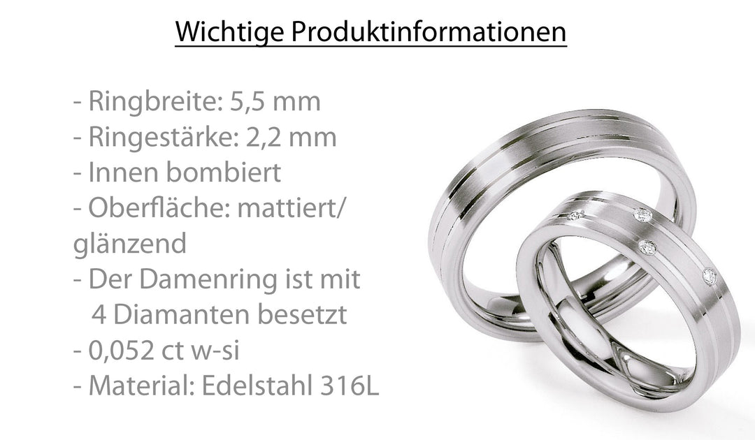 Hochzeitsringe Edelstahl mit Diamant ink. Garantie und Gravur 88-01260