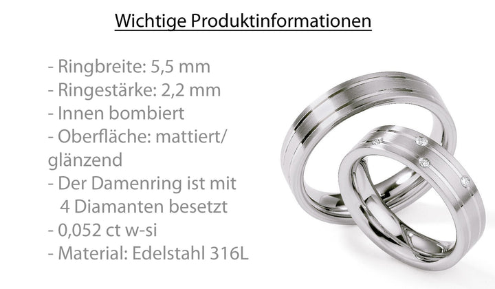 Hochzeitsringe Edelstahl mit Diamant ink. Garantie und Gravur 88-01260