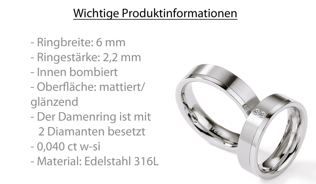Hochzeitsringe Edelstahl mit Diamant ink. Garantie und Gravur 88-01270