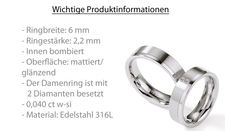 Hochzeitsringe Edelstahl mit Diamant ink. Garantie und Gravur 88-01270