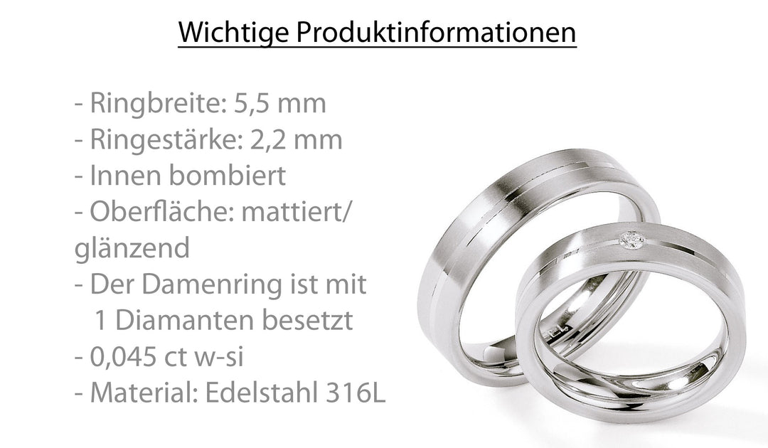 Eheringe Edelstahl mit Diamant ink. Garantie und Gravur 88-01280