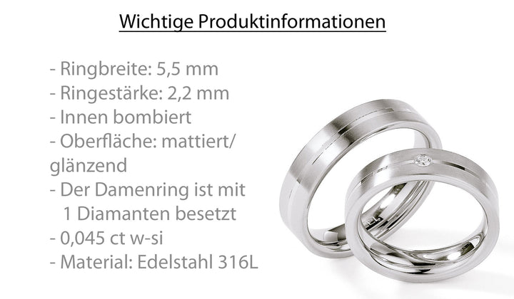 Eheringe Edelstahl mit Diamant ink. Garantie und Gravur 88-01280