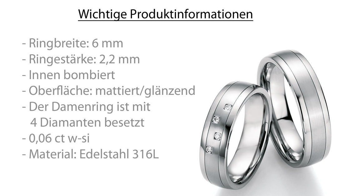 Eheringe Edelstahl mit Diamant ink. Garantie und Gravur 88-20010