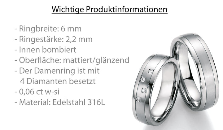 Eheringe Edelstahl mit Diamant ink. Garantie und Gravur 88-20010