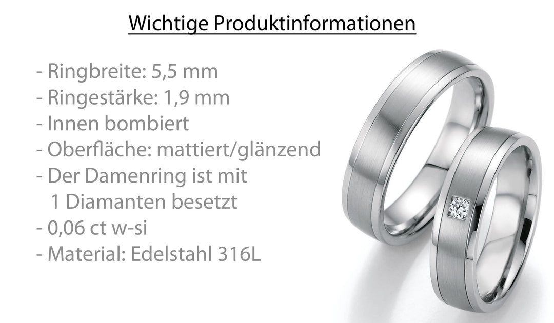 Eheringe Edelstahl mit Diamant ink. Garantie und Gravur 88-20030