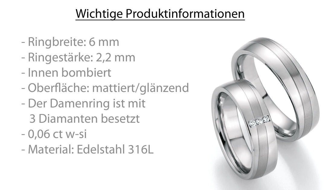 Eheringe Edelstahl mit Diamant ink. Garantie und Gravur 88-20050