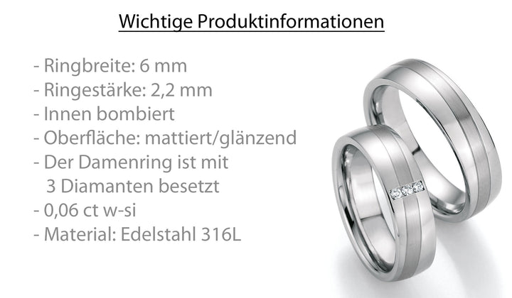 Eheringe Edelstahl mit Diamant ink. Garantie und Gravur 88-20050