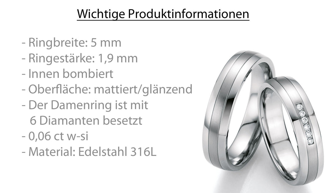 Hochzeitsringe Edelstahl mit Diamant ink. Garantie und Gravur 88-20070
