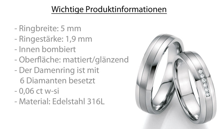 Hochzeitsringe Edelstahl mit Diamant ink. Garantie und Gravur 88-20070