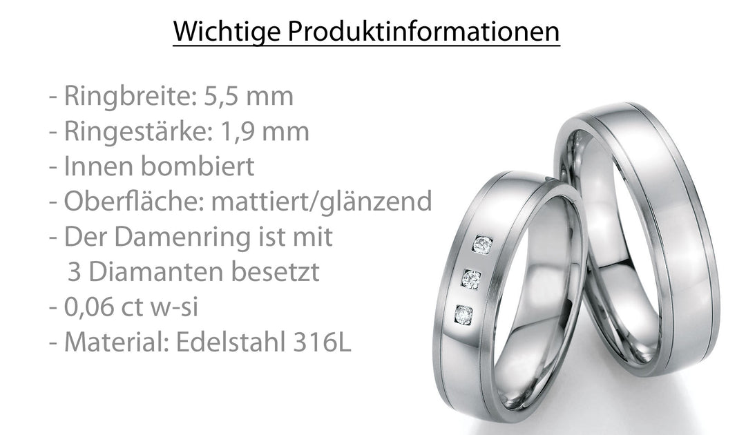 Hochzeitsringe Edelstahl mit Diamant ink. Garantie und Gravur 88-20110
