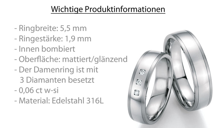 Hochzeitsringe Edelstahl mit Diamant ink. Garantie und Gravur 88-20110