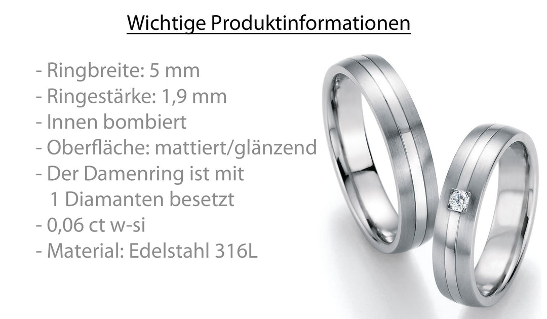 Trauringe Edelstahl mit Diamant ink. Garantie und Gravur 88-20130