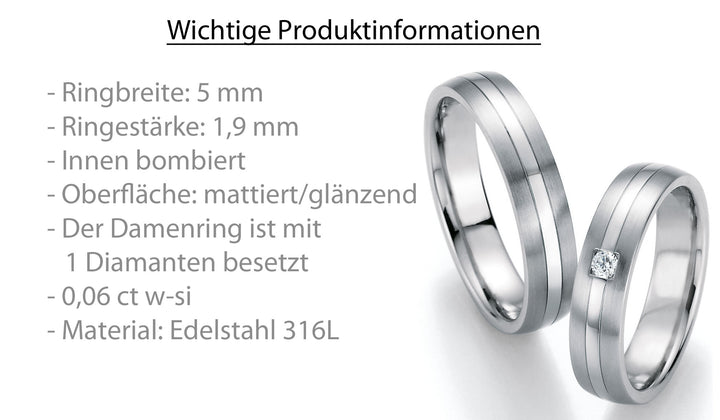Trauringe Edelstahl mit Diamant ink. Garantie und Gravur 88-20130