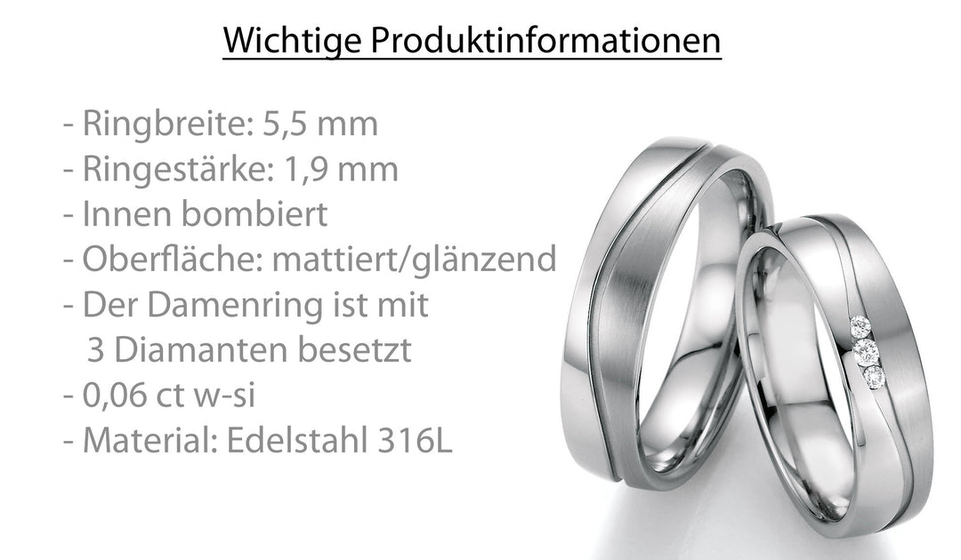 Trauringe Edelstahl mit Diamant ink. Garantie und Gravur 88-20150