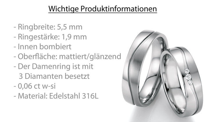 Trauringe Edelstahl mit Diamant ink. Garantie und Gravur 88-20150