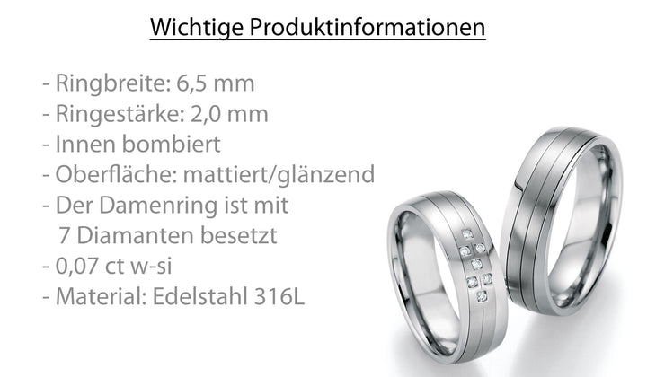 Trauringe Edelstahl mit Diamant ink. Garantie und Gravur 88-20170