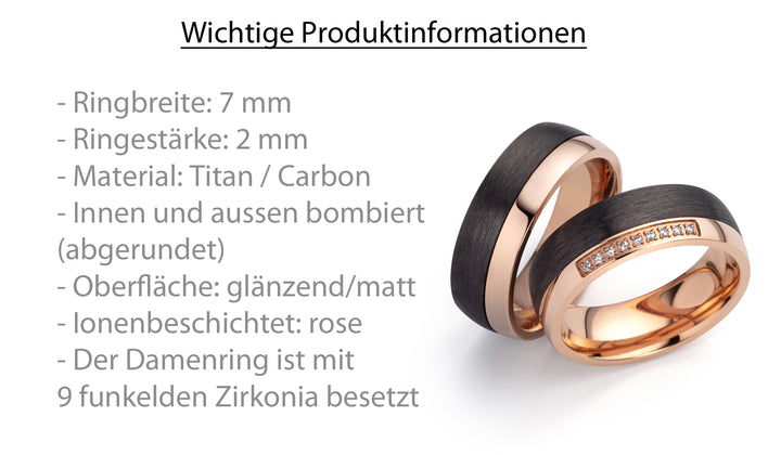 Ehe - Partnerringe aus Titan und Carbon mit Zirkonia ink. Gravur | SD7012
